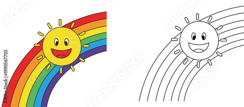 Happy Sun and Rainbow Coloring Page for Kids, Cute Cartoon Sun Illustration with Black and White Outline Vector Set for Children Activities, Educational Hobby and Creative Fun