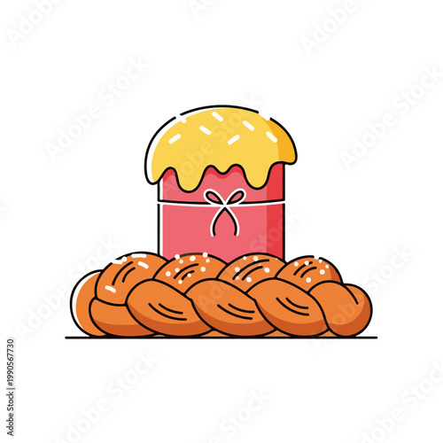 Traditional Easter bread and glazed cake. Festive bakery and holiday food concept. Flat design graphic