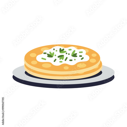 Pancakes with sour cream and fresh herbs. Savory breakfast or snack icon. Flat design graphic isolated on white