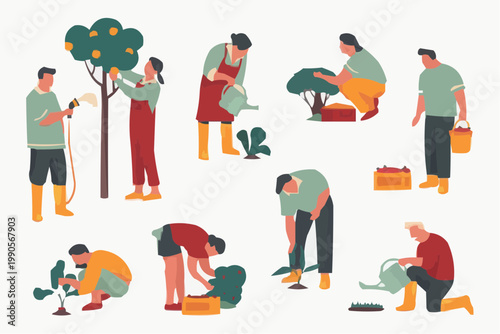 business people set Women Planting Heart Flower Illustration