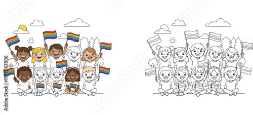 Diverse Kids Holding Rainbow Flags Coloring Page, Multi-ethnic Group of Children Pride Celebration Illustration, Black and White Outline Vector Set for Educational Fun and Social Awareness