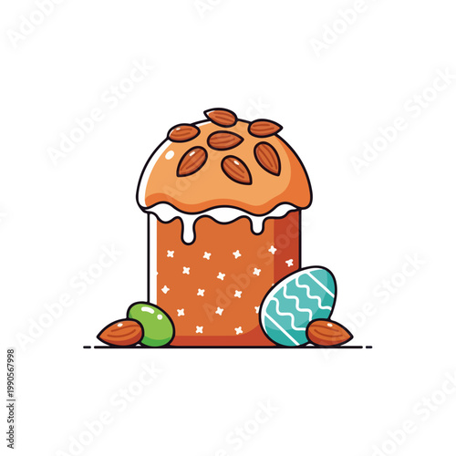 Easter cake with almonds and decorated eggs. Holiday celebration and food concept. Line art graphic