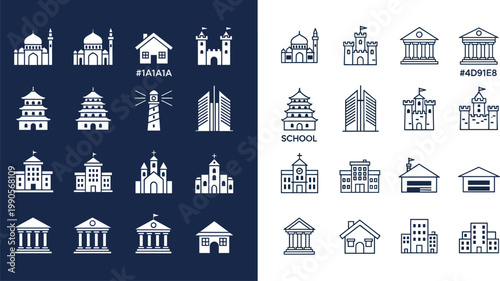 Architecture building icons set landmarks school house city skyline outline vector collection minimal modern urban construction symbols