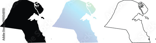 Kuwait map collection featuring solid black silhouette, blue gradient halftone pattern, and thin line outline icons isolated on white background for geography design.