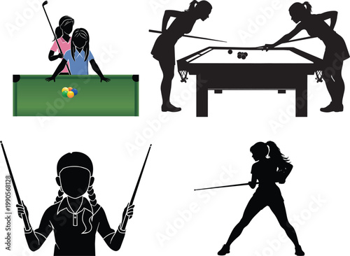 girls play snooker Silhouette