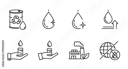 Set of icons representing environmental protection and sustainability concepts.