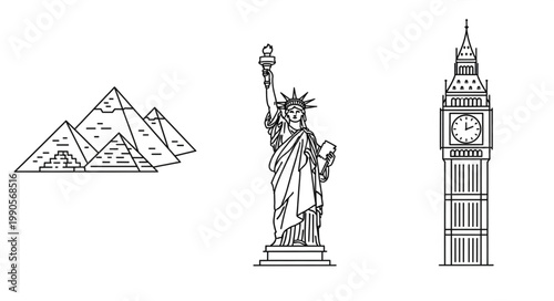 Iconic Landmarks Including Pyramids Statue of Liberty and Big Ben.