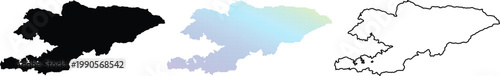 Foto Kyrgyzstan map set featuring black silhouette, colorful pixelated dotted version, and simple outline illustration isolated on white background