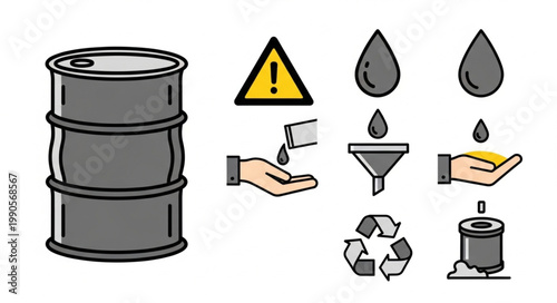 Industrial oil barrel and related icons for handling and recycling.