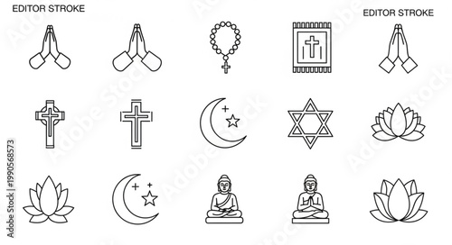 Collection of Religious Symbols and Icons Line Art.
