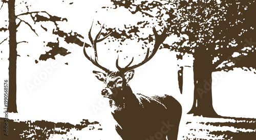 Majestic red deer stag stands proudly in the golden morning light displaying large sharp antlers while posing naturally in an open grassy meadow surrounded by beautiful trees during the autumn season