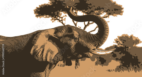 Majestic african elephant with impressive tusks and a powerful trunk raised high into the golden hour sky, standing proudly in its natural savanna habitat during a beautiful evening.