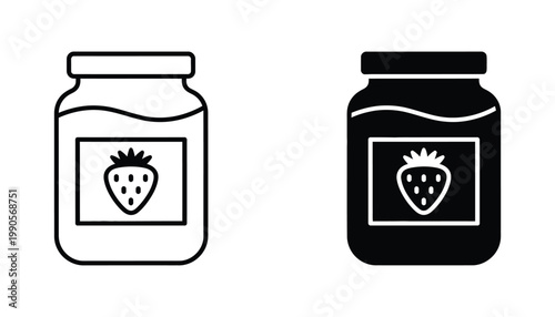 Strawberry jam jar with fruit label vector icon set
