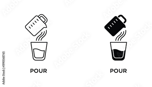 Liquid pouring from measuring jug into glass container vector icon set