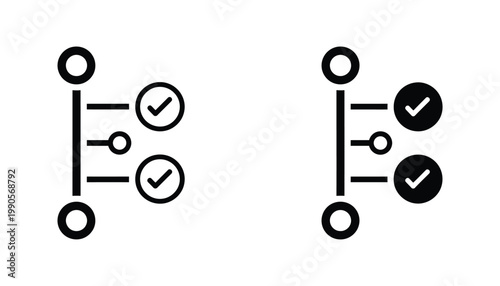 Data flow validation process with checkmark symbols vector icon set
