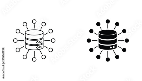 Centralized database server with distributed network nodes vector icon set