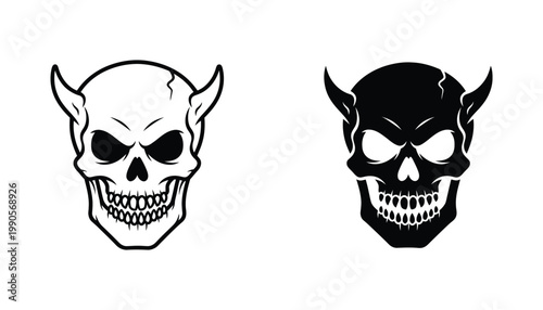 Demonic skull illustration featuring sharp horns and menacing expression in outline and solid black styles