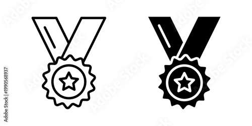 Medal icon set. Outline and solid icons of medals with star symbols, representing achievement and success. vector illustration on white background