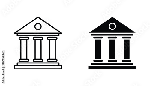 Bank building icon set for financial institution and government concepts in flat design vector style showing both outline and solid black graphic variations for banking and architecture visuals