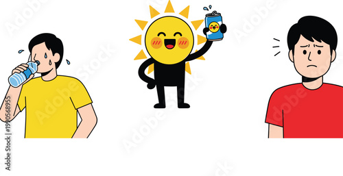 Sweating Man Drinking Water Cute Sun Character Holding Drink Can And Stressed Boy In Hot Summer Vector Illustration