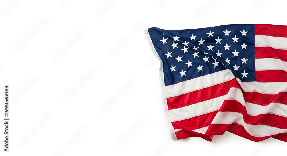 Fototapeta premium American flag on white background, waving stars and stripes, patriotic symbol for Memorial Day, Veterans Day, Independence Day, national pride, honor, and sacrifice.