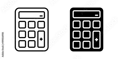 Calculator icon set. Outline and filled calculator icons on a white background.