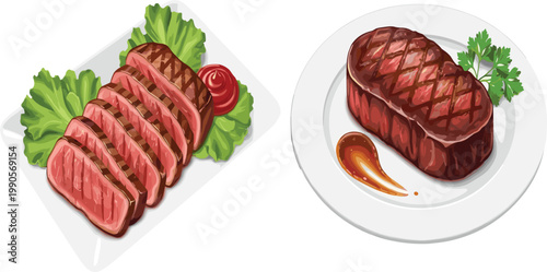 Grilled Beef Steak Sliced And Served On Plate With Lettuce Tomato Sauce And Parsley Vector Food Illustration