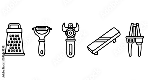 Set of kitchen and household tools outlined against white background