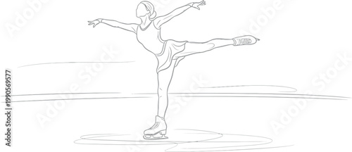 Elegant female ice skater performing a graceful arabesque pose on a rink, showcasing balance, athleticism, and the beauty of figure skating in a captivating line art illustration.