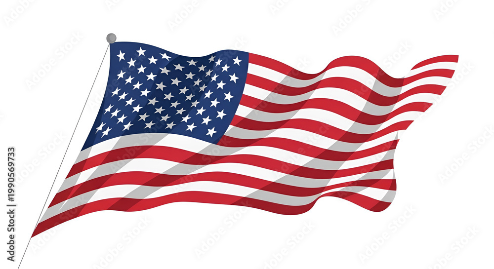 Obraz premium Waving American flag illustration, patriotic US national symbol for Memorial Day, Veterans Day, and July 4th, red white and blue stars and stripes on white background.