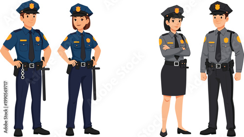 Male And Female Police Officers In Blue And Gray Uniforms Standing Confidently Cartoon Vector Character Illustration Set