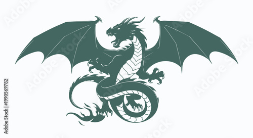 Stylized green dragon silhouette with wings isolated on white background