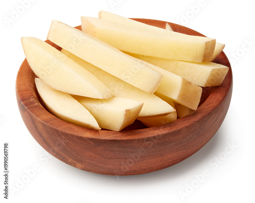 sliced raw potato in wooden bowl isolated on white background. clipping path