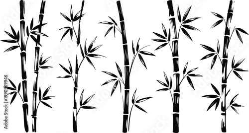 Bamboo Stalks Leaves Black Vector Art
