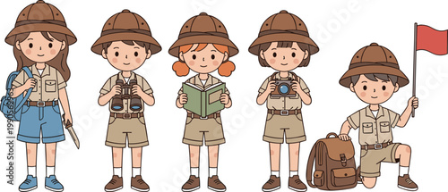 Cute Explorer Kids In Safari Uniform With Binoculars Camera Book Backpack And Flag Cartoon Vector Character Set