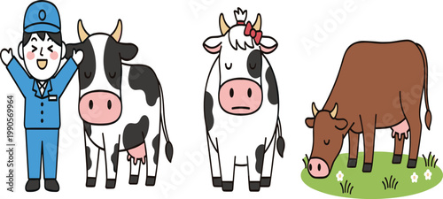Cartoon Farmer With Dairy Cows Including Grazing Brown Cow And Decorated Holstein Cow Vector Illustration Character Set