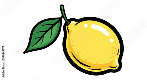 Vibrant yellow lemon with green leaf isolated on white background