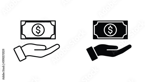 Hand holding dollar banknote icon representing financial transaction payment and monetary exchange service for banking apps and e-commerce business interface design in clean flat vector graphic style