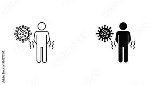 Human figure standing near virus cell icon representing viral infection health risk and immune system awareness for medical and disease prevention informational graphics in flat vector style design