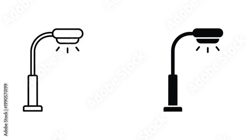 Modern street lamp lighting icon showing urban outdoor illumination for city infrastructure projects and public area design in simple flat vector style isolated on white background for presentation