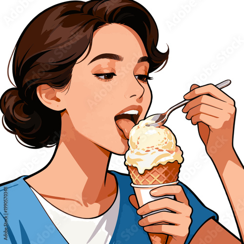 Create a realistic woman eating ice cream vector art with white background..