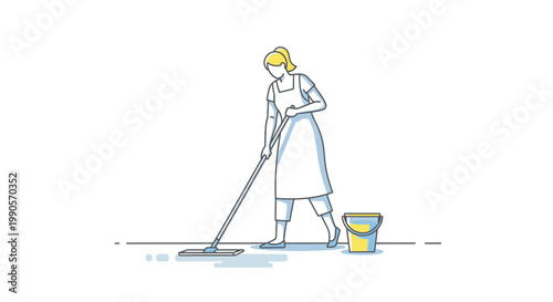 Woman mopping floor in minimalist line art style with bucket illustration