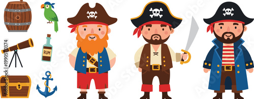 Cartoon Pirate Characters Set With Treasure Chest Anchor Parrot Rum Barrel Telescope And Sword Vector Illustration