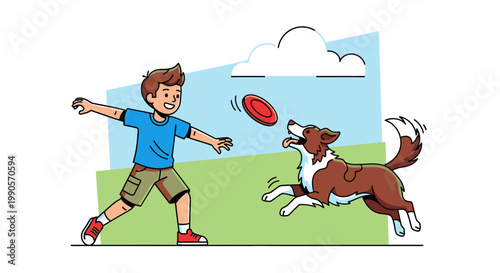 Young boy playing frisbee with a dog in a vibrant outdoor cartoon scene