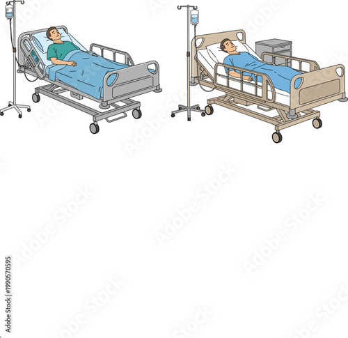 Male Patient Lying In Hospital Bed With IV Drip Infusion Stand Medical Equipment Vector Illustration Set