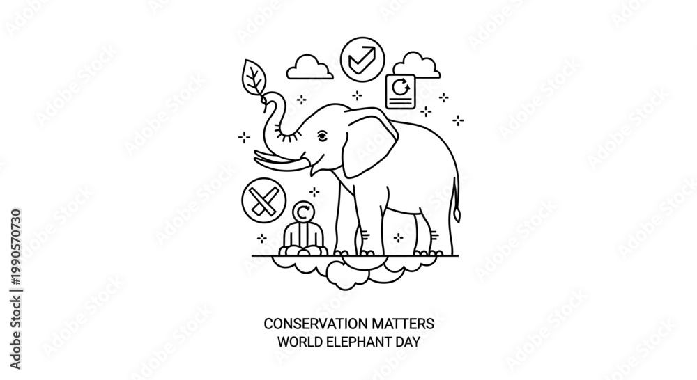 Obraz premium Line art illustration for World Elephant Day featuring a majestic elephant and conservation icons.