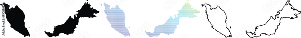 Naklejka premium Collection of Malaysia country map vector icons including solid black silhouette, blue gradient pixelated dot pattern, and thin line outline styles.