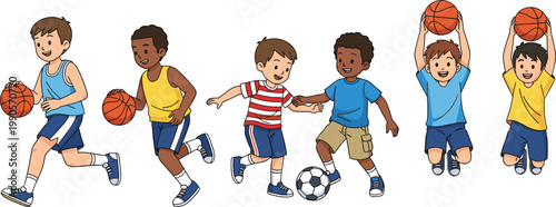 Diverse Group Of Boys Playing Basketball And Soccer Dribbling And Holding Ball Cartoon Vector Character Illustration Set