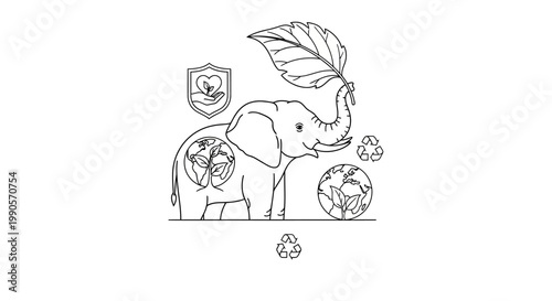 Line art illustration of a friendly elephant protecting nature and the planet.