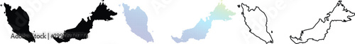 Collection of Malaysia country map vector icons including solid black silhouette, blue gradient pixelated dot pattern, and thin line outline styles.